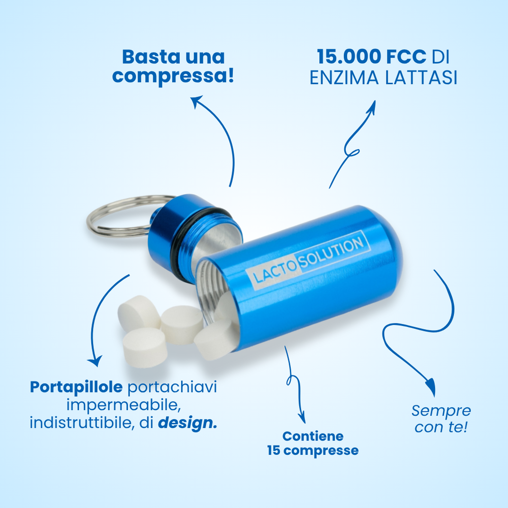 Lactosolution 15000 – Lattasi per intolleranti al lattosio · Portapillole con 15 compresse