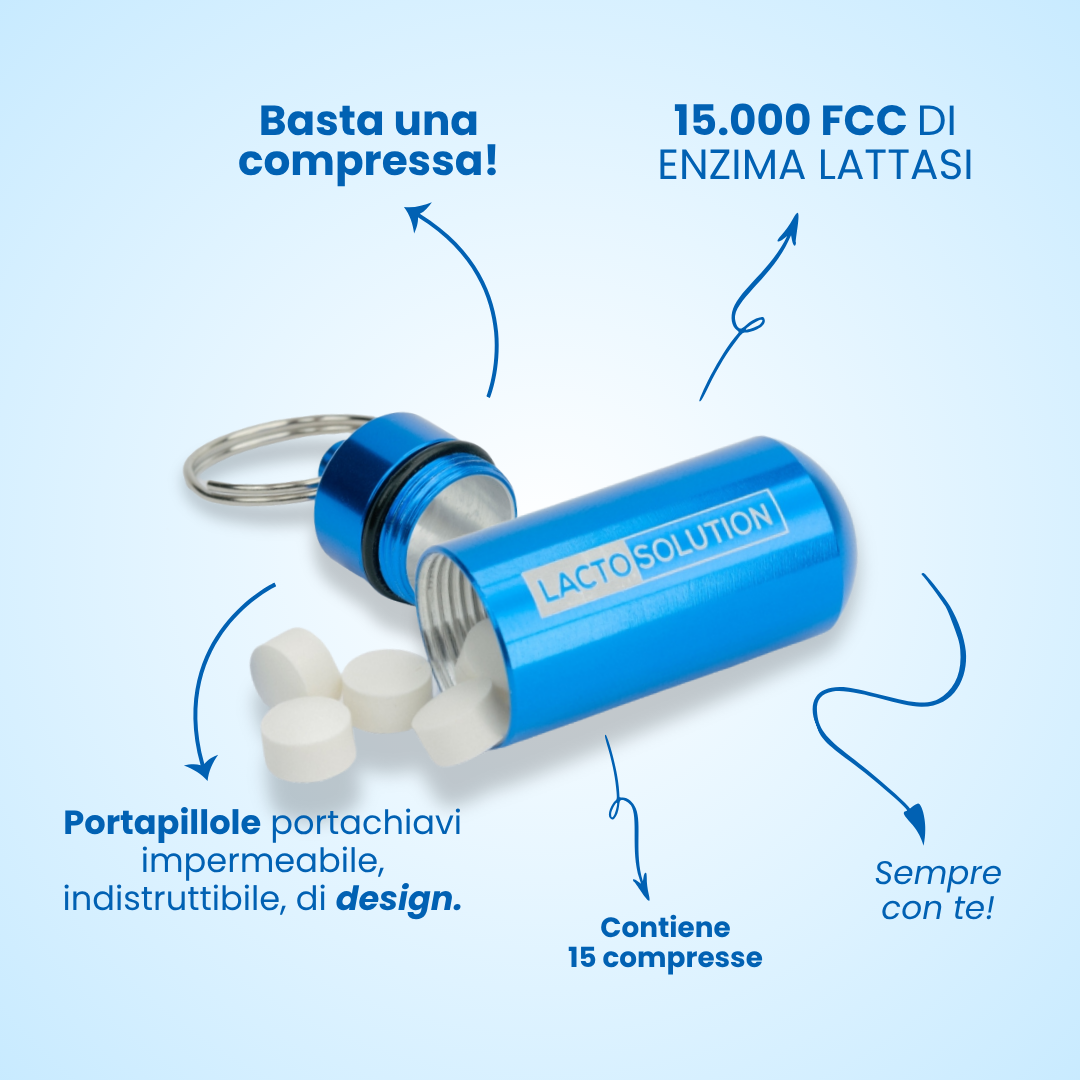 Lactosolution 15000 – Lattasi per intolleranti al lattosio · Portapillole con 15 compresse